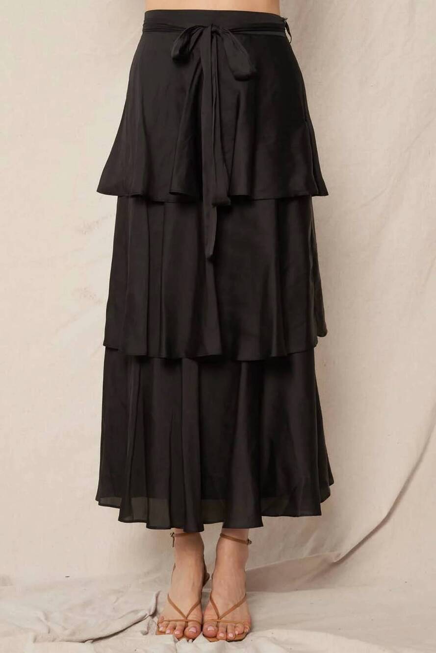 NEW EN CREME belted satin tiered midi skirt in black